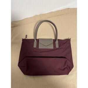 Lancaster Paris Tote Bag Womens Burgundy Gray Studded Flap Pocket Zip Handbag